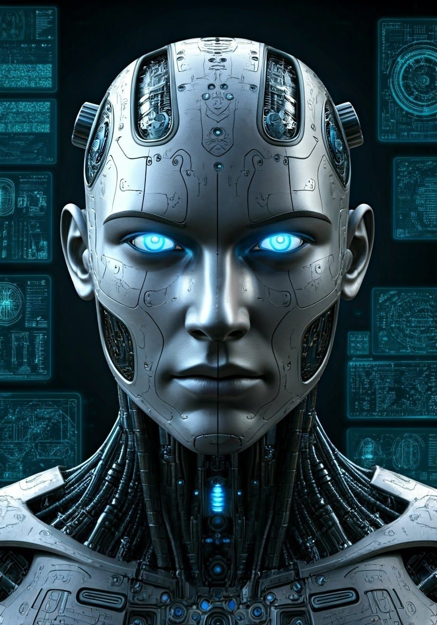 Cybernetic Humanoid in Futuristic High-Tech Atmosphere