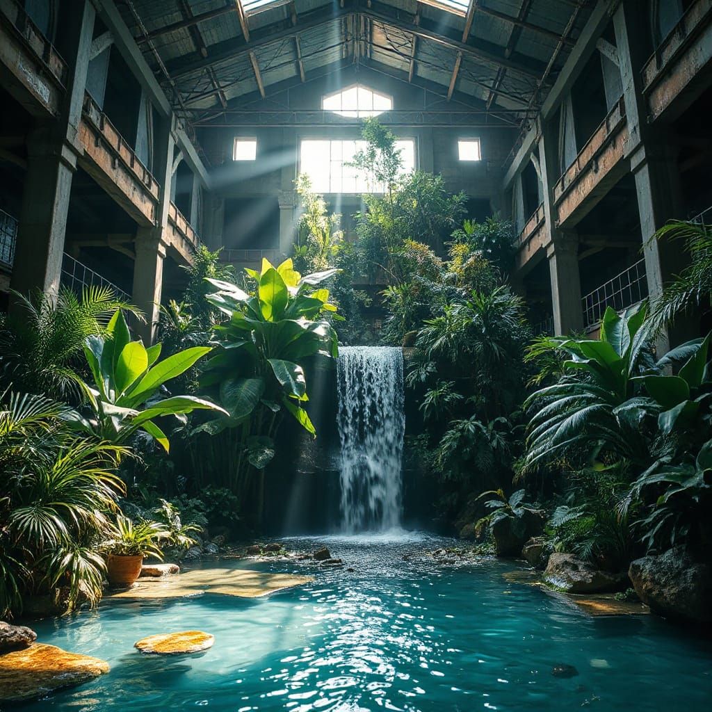 Hidden Oasis: Warehouse Waterfall in Hyperreal Detail