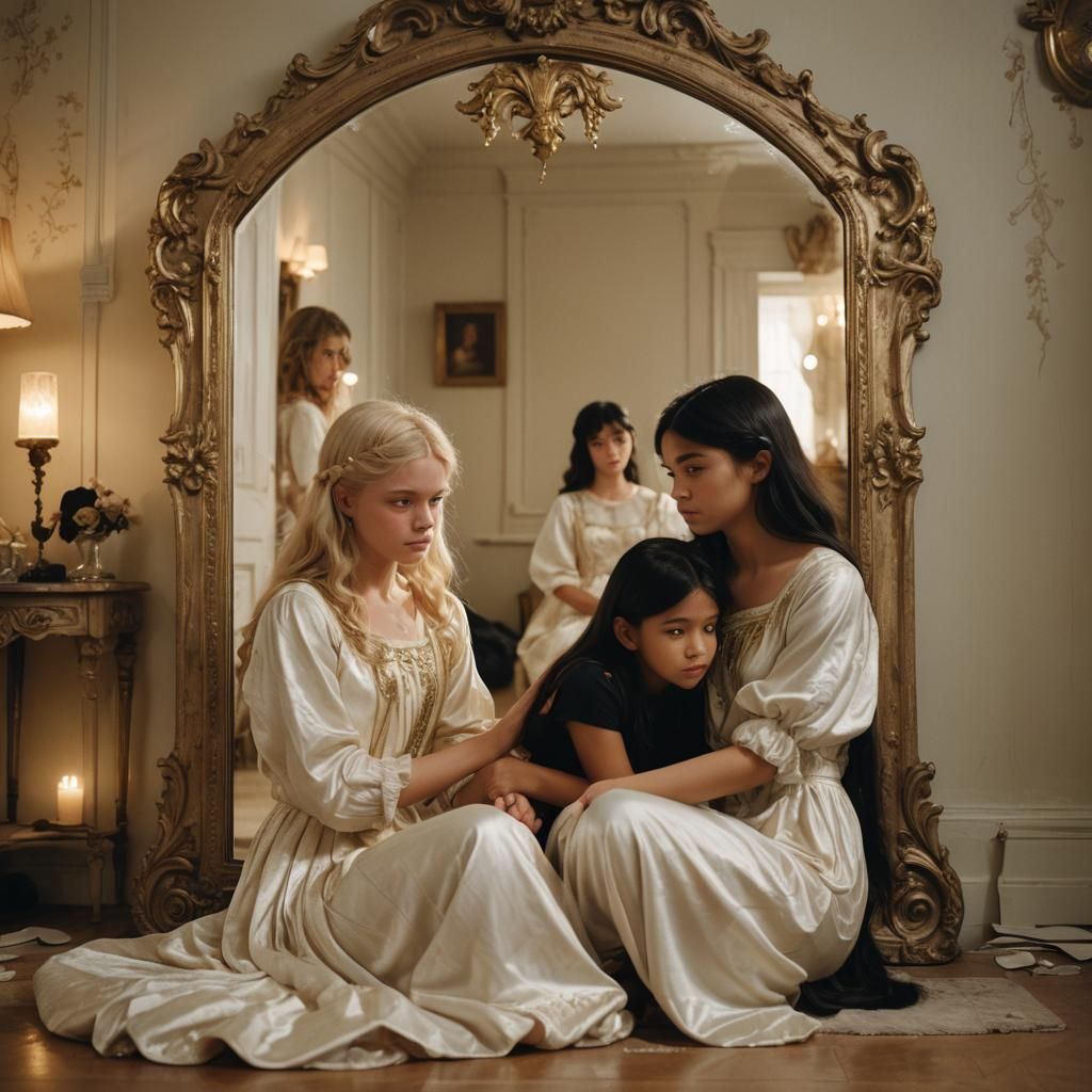 Emotional Bedroom Scene with Angel Reflection