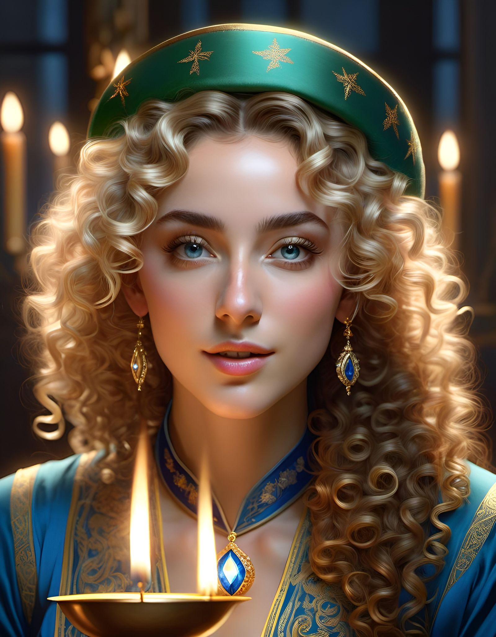 Festive Jewish Elf with Curly Hair, Hyperrealistic Art