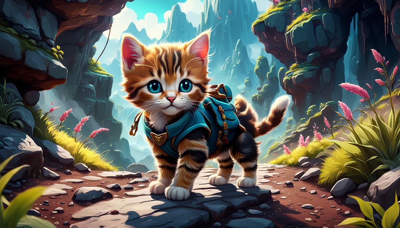 Cute Kitten Hiking: Detailed Fantasy Art