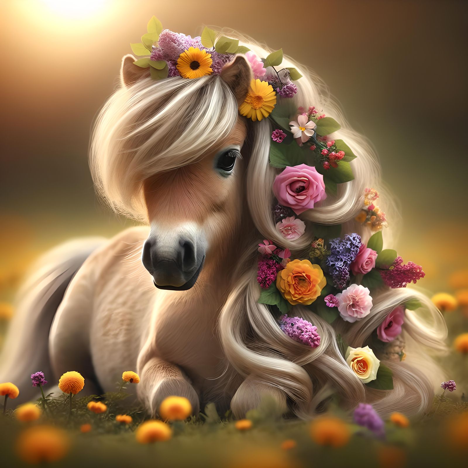 Lovely Pony with Flowers in Sunny Meadow