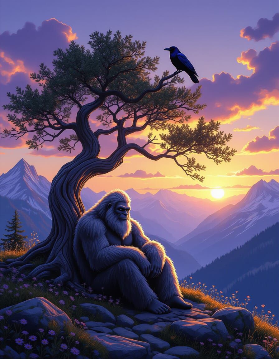 Divine Sasquatch Under Ancient Tree: Painterly Fantasy Reali...