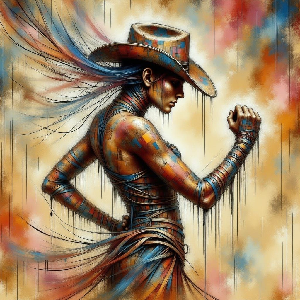 Fighting Cowgirl in Abstract Expressionist Style