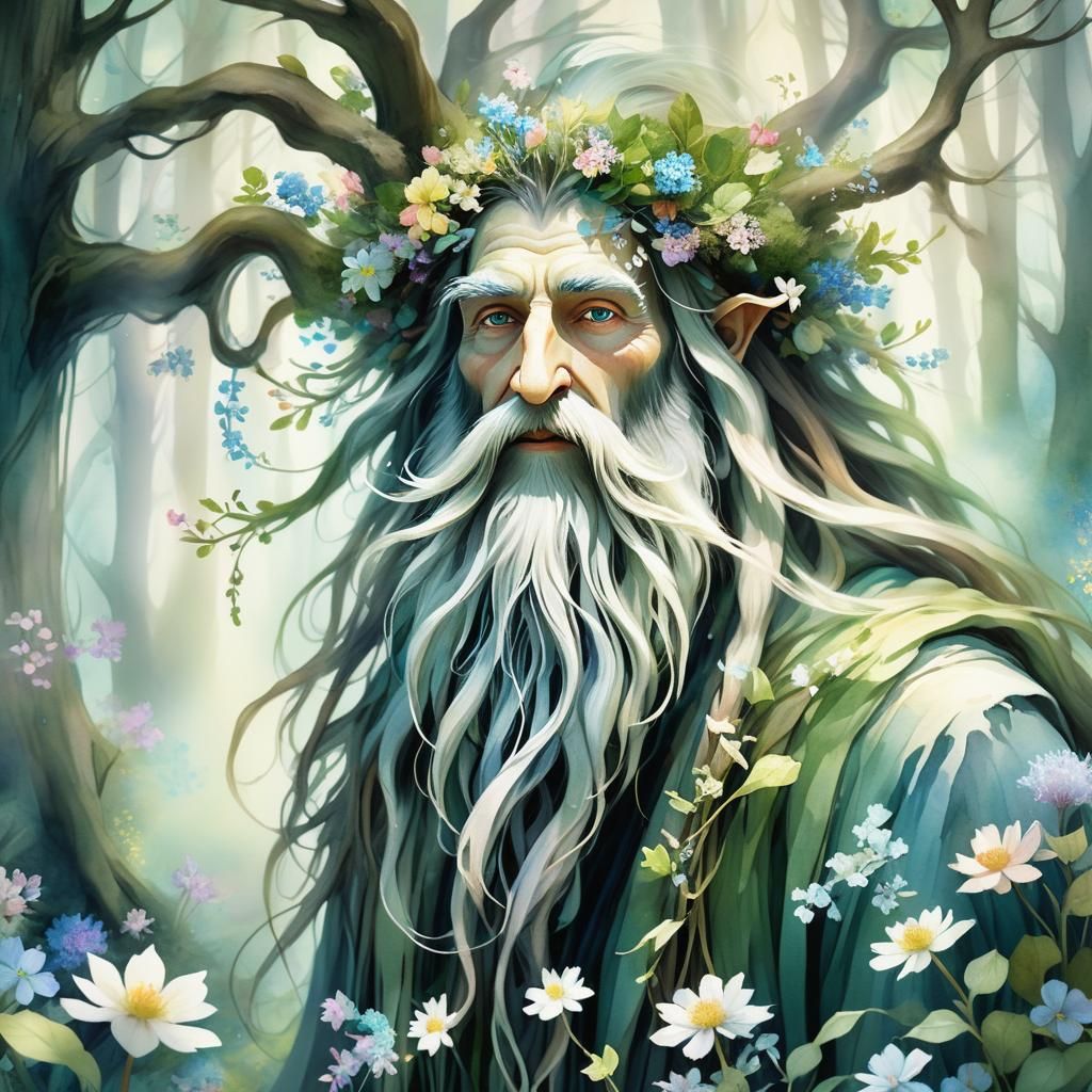 Gentle Flower-Bearded Giant in Watercolor Forest