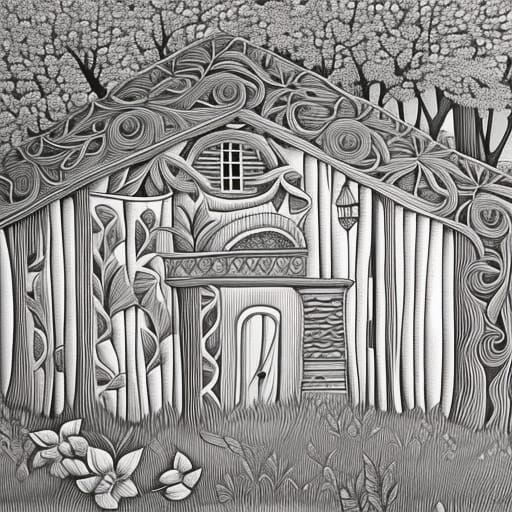 Fantasy Log House Coloring Page in Charcoal
