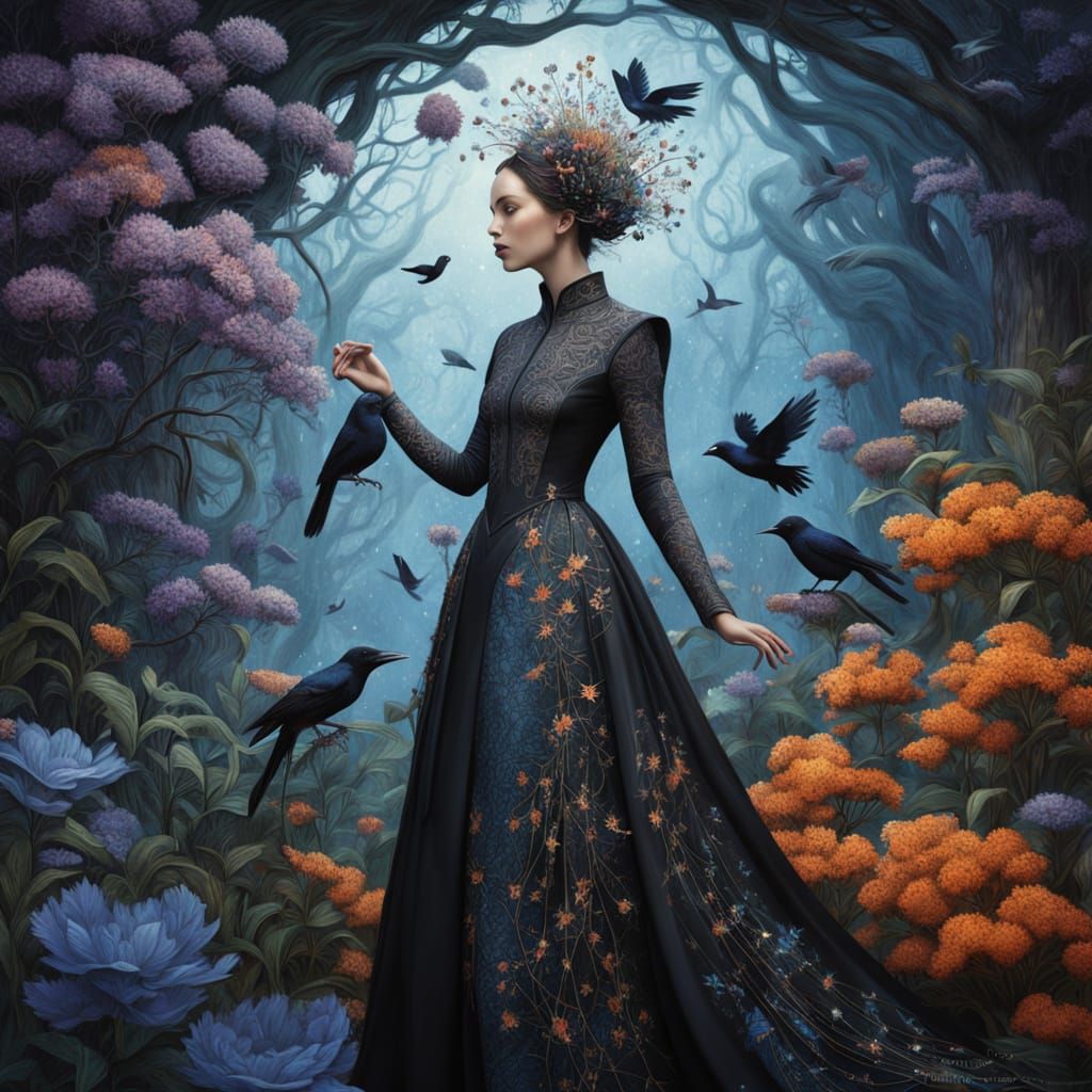 Ethereal Woman Transforms into Birds Amidst Cosmic Art