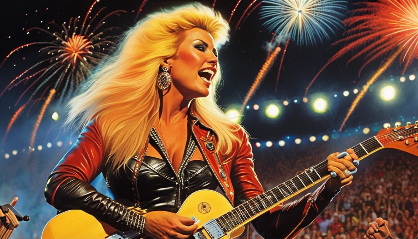 Lita Ford playing an epic guitar solo at a stadium rock show with fireworks in the background