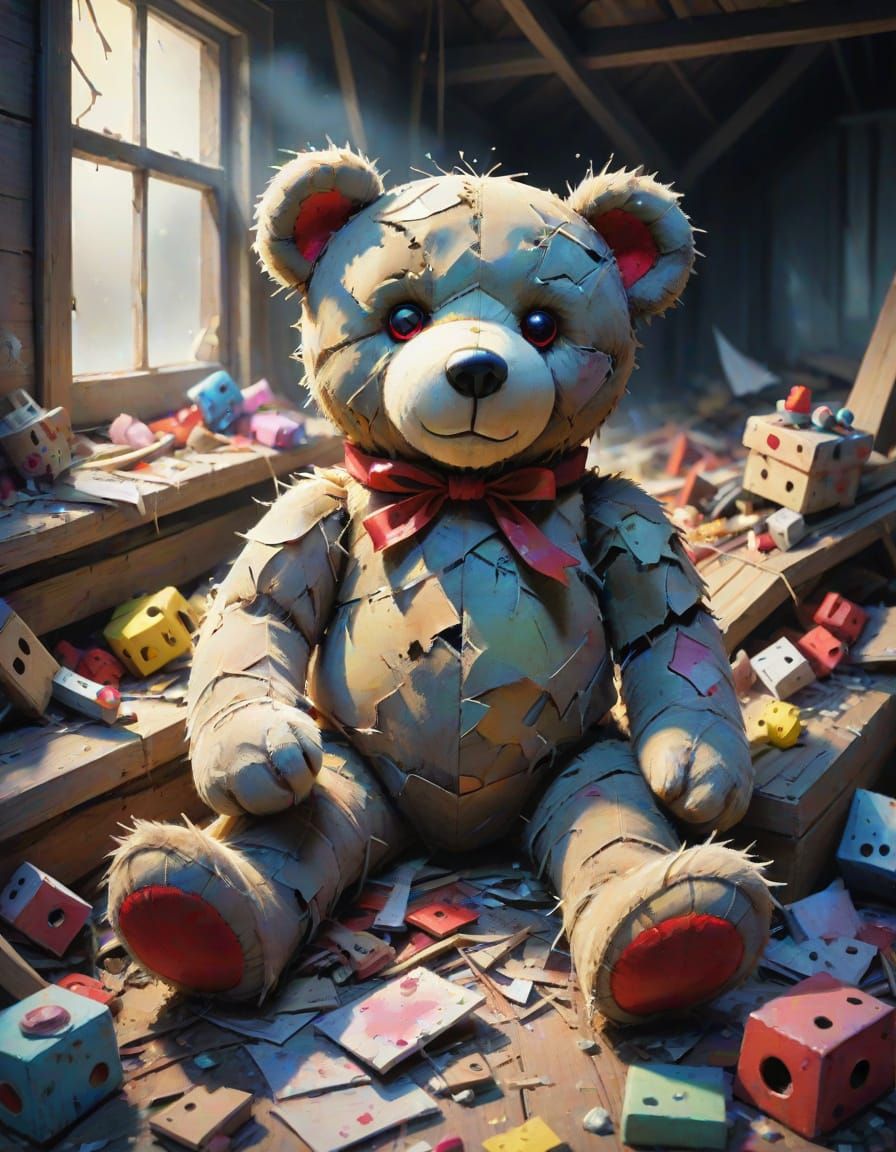Sinister Teddy Bear with Glowing Eyes on Discarded Toys