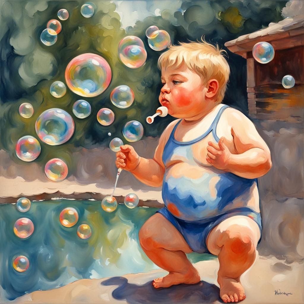 Boy Blowing Bubbles: Gouache Impressionist Masterpiece