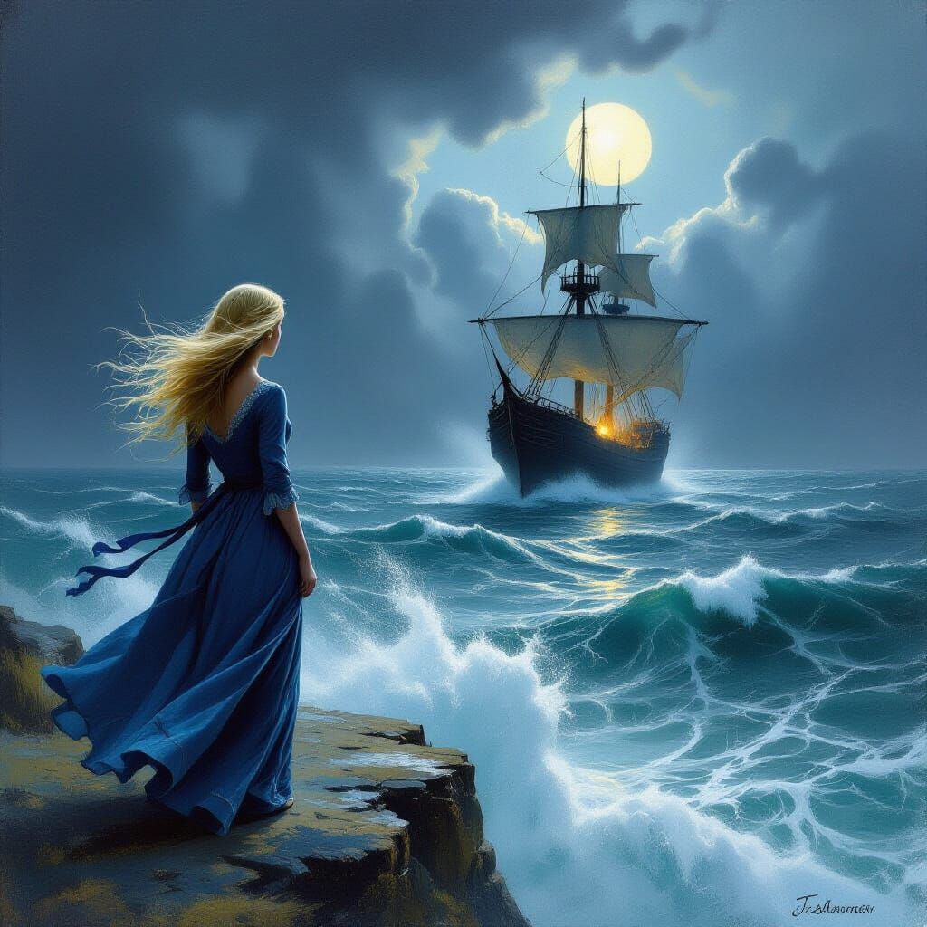 Woman on Cliff Watching Ghost Ship in Stormy Sea