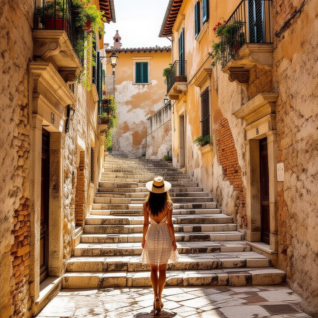 Woman on Historic Gorée Staircase in Golden Light