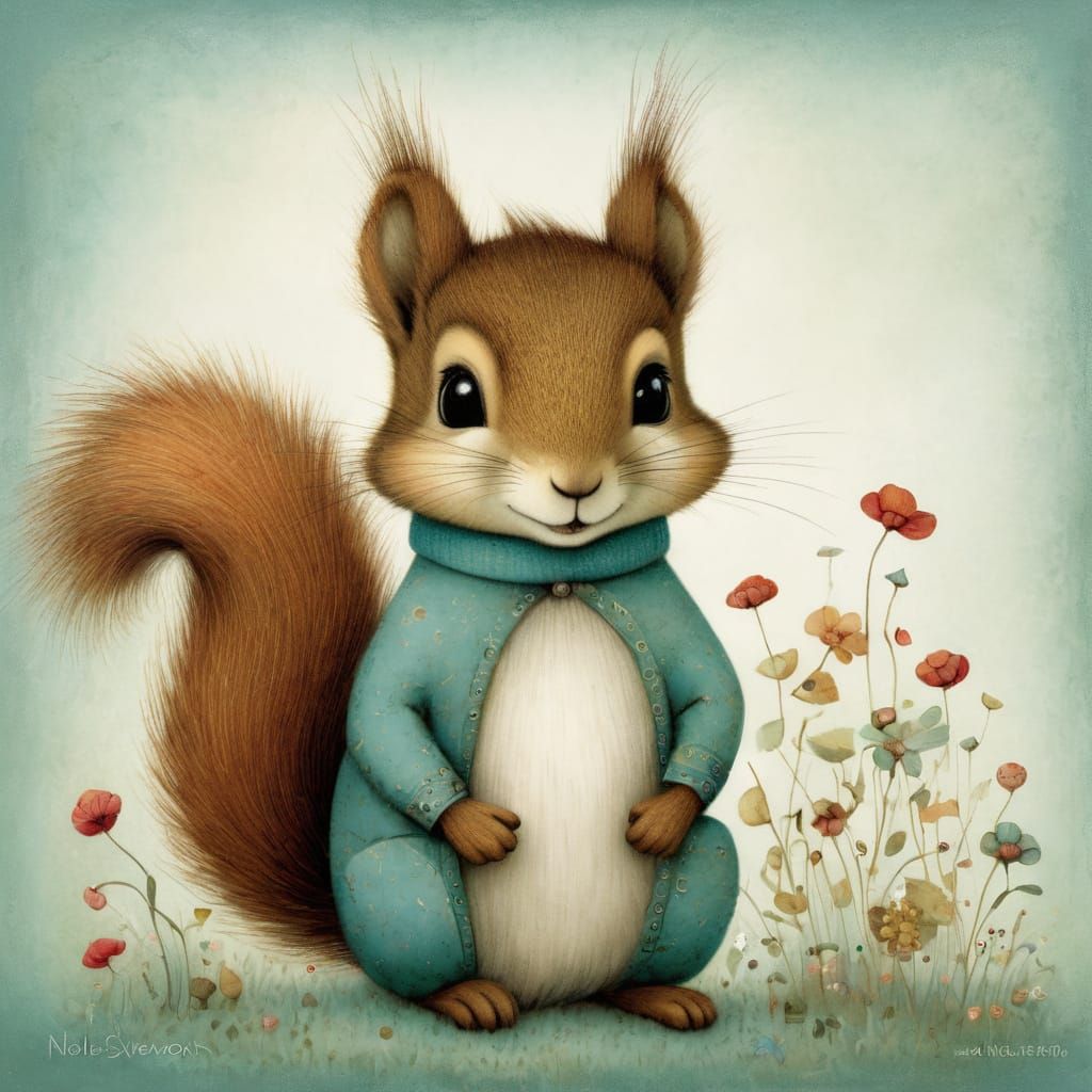 Whimsical Mischievous Squirrel Folk Art Illustration