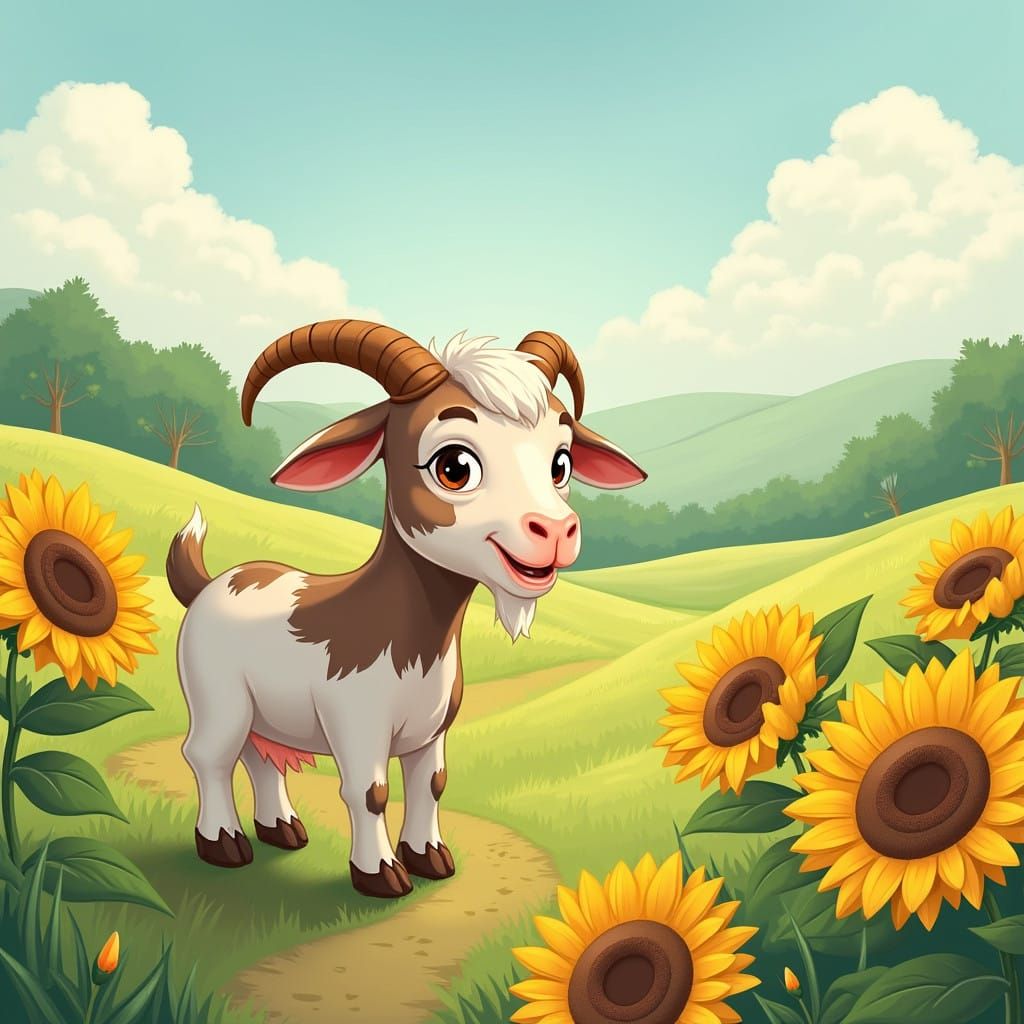 Benny the Goat Discovers Sunflowers in a Peaceful Farm Setti...
