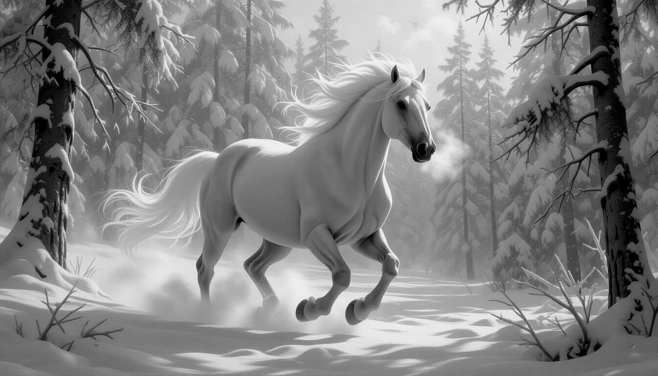Smoky Grey Paleo-Equid Gallops Through Snowy Forest in Oil P...