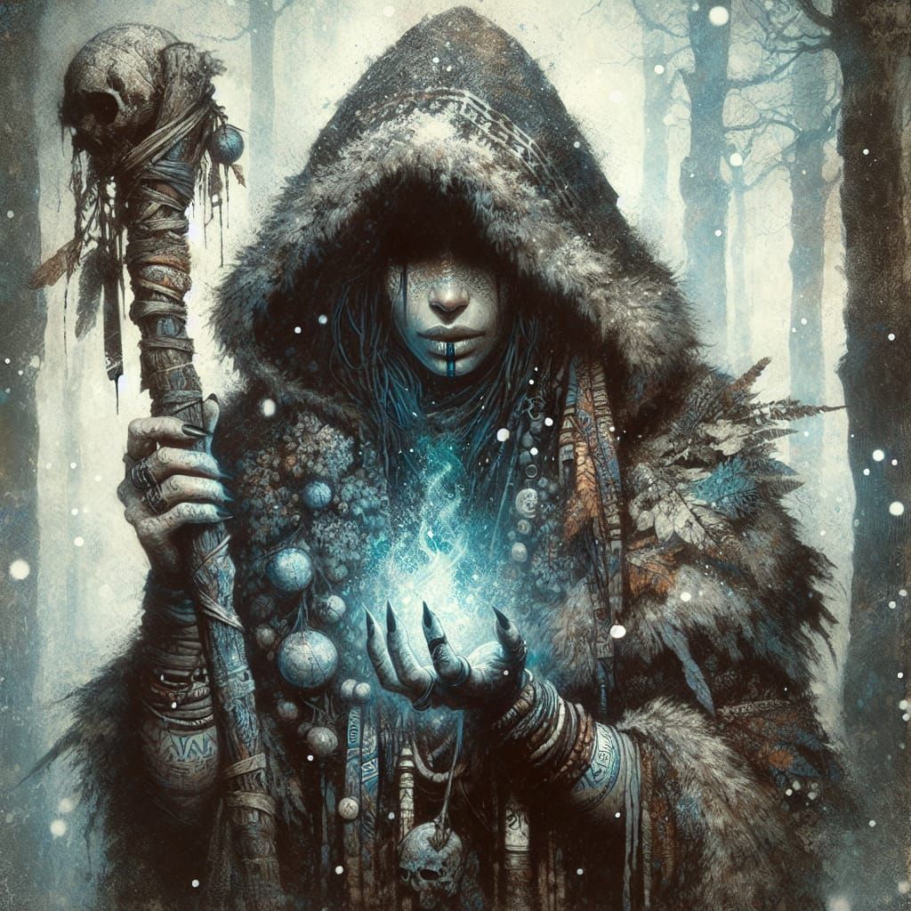 Surreal Portrait of Enchanted Latina Shaman in Dark Forest