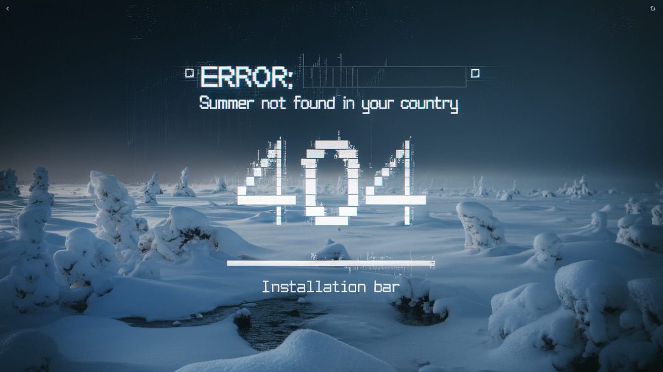 Frozen Winter Landscape with Glitchy Digital Error Message