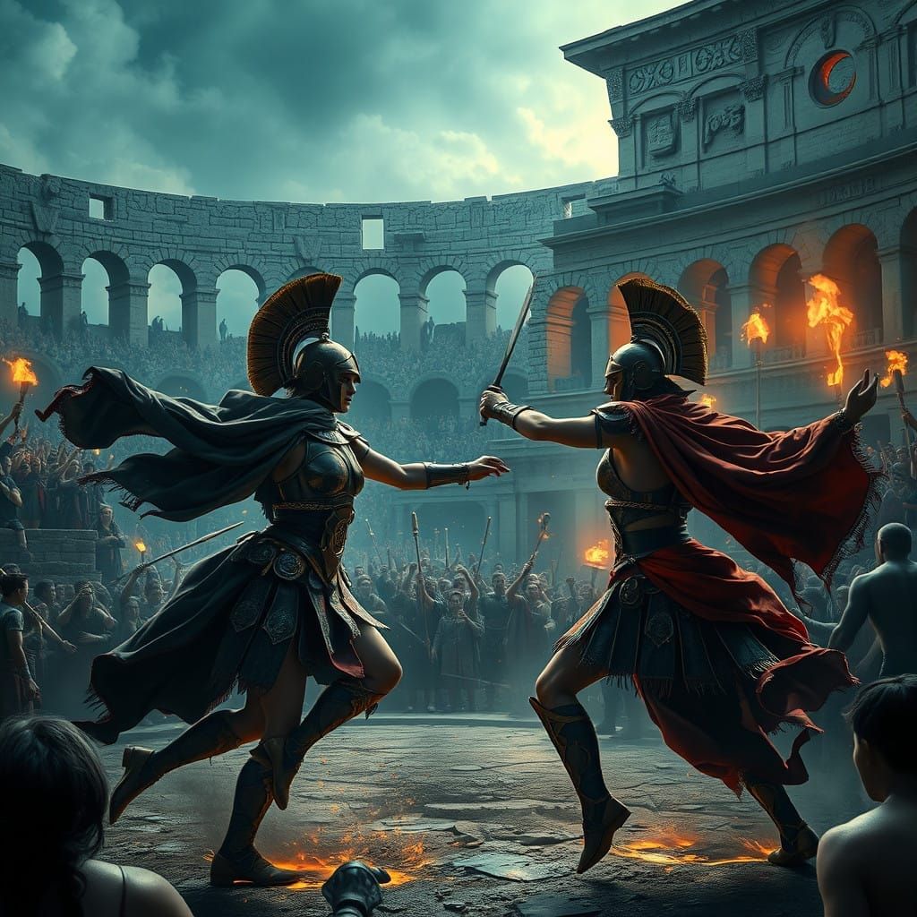 Elegant Gladiator Women Clash in Ancient Epic Battle Scene