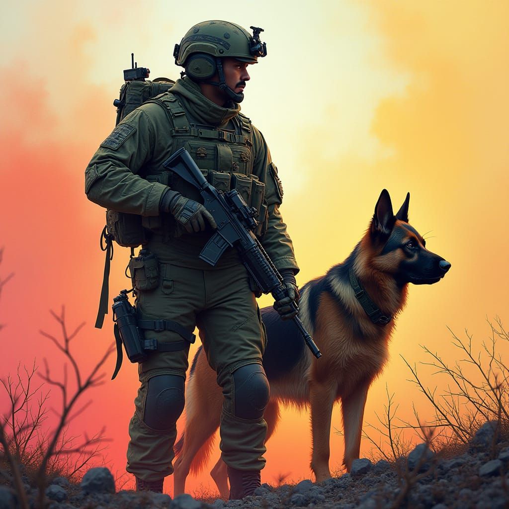 Soldier and Military Dog in War-Torn Field