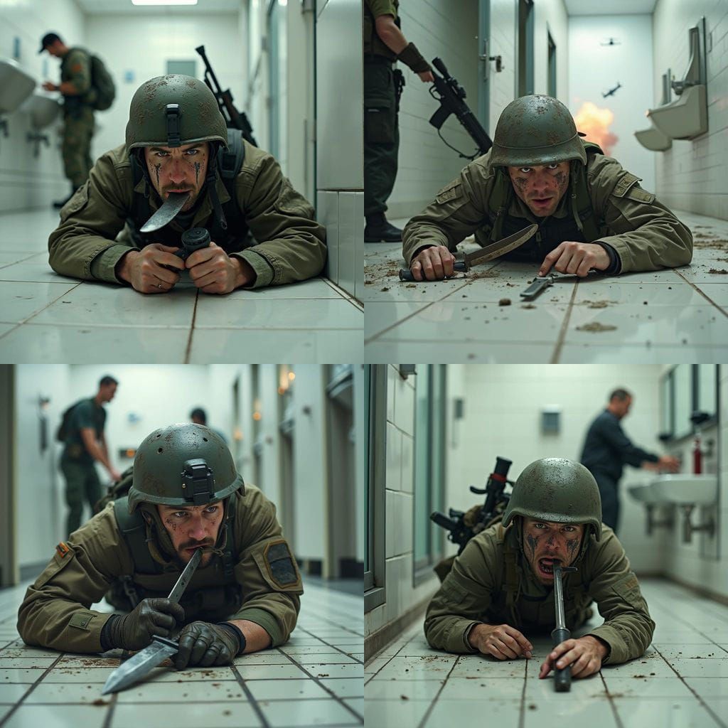 Soldier in Tactical Gear Crawling in Bathroom