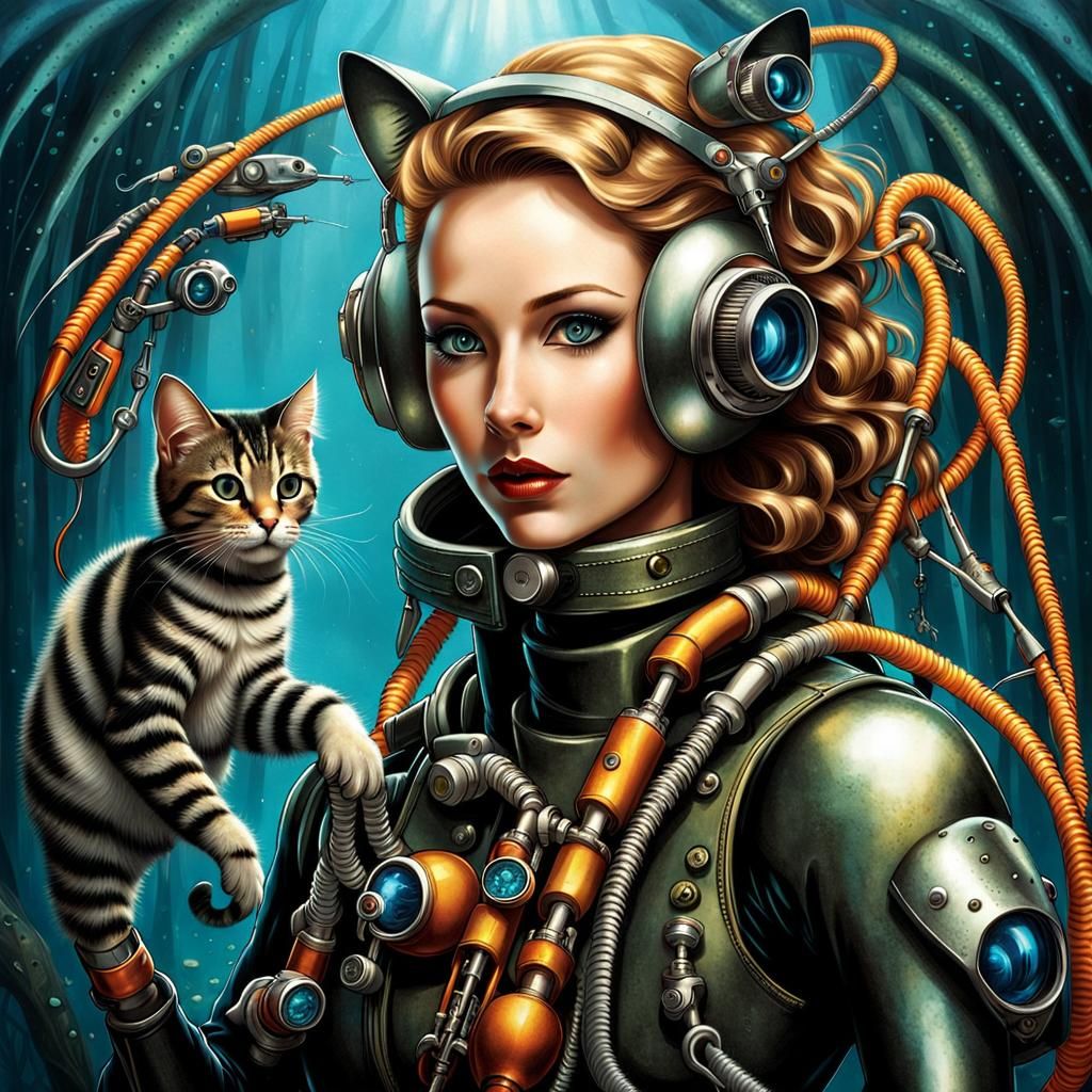 Cyberpunk Cat Mother with Robotic Feline Baby