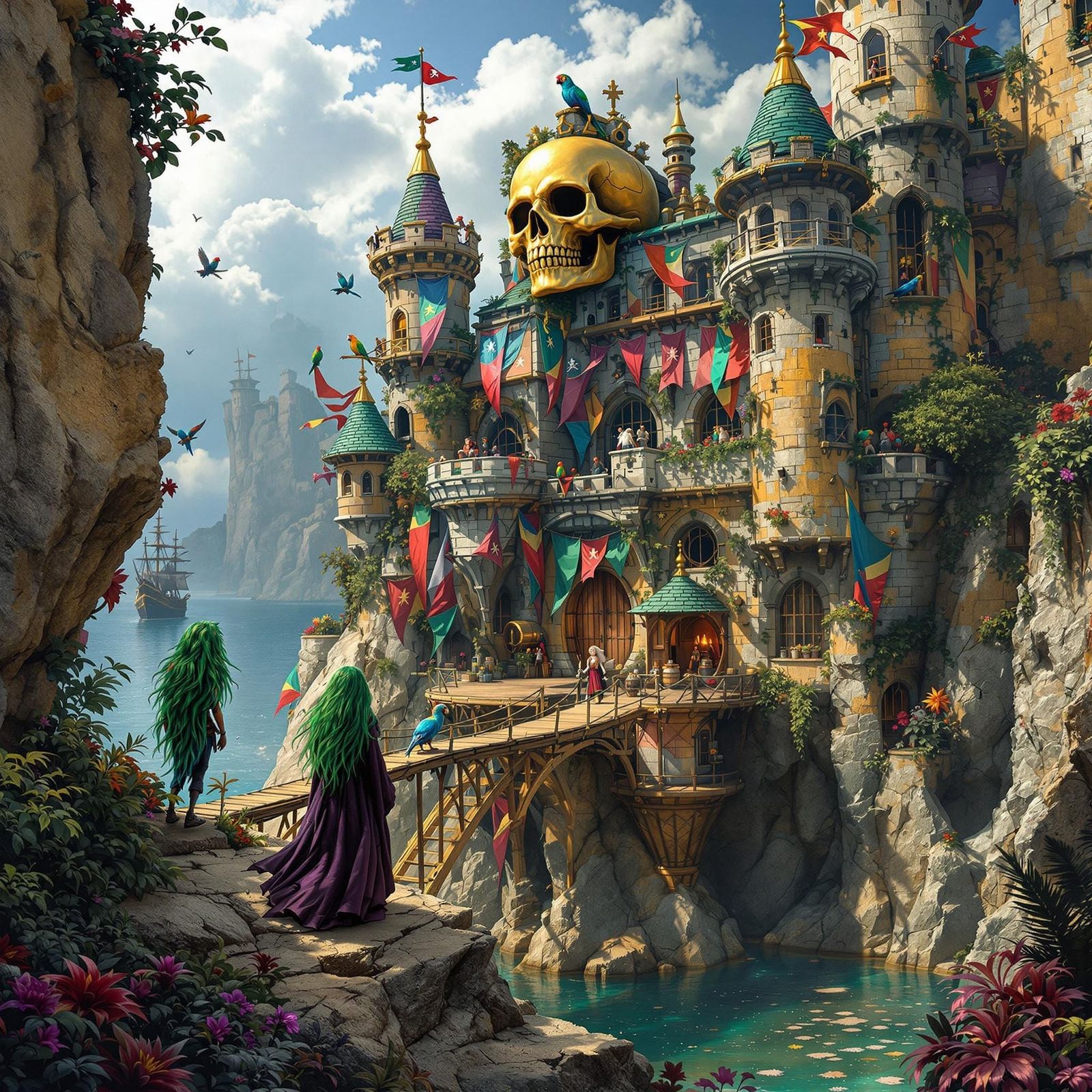 Mystical Witch Admires Whimsical Pirate Castle