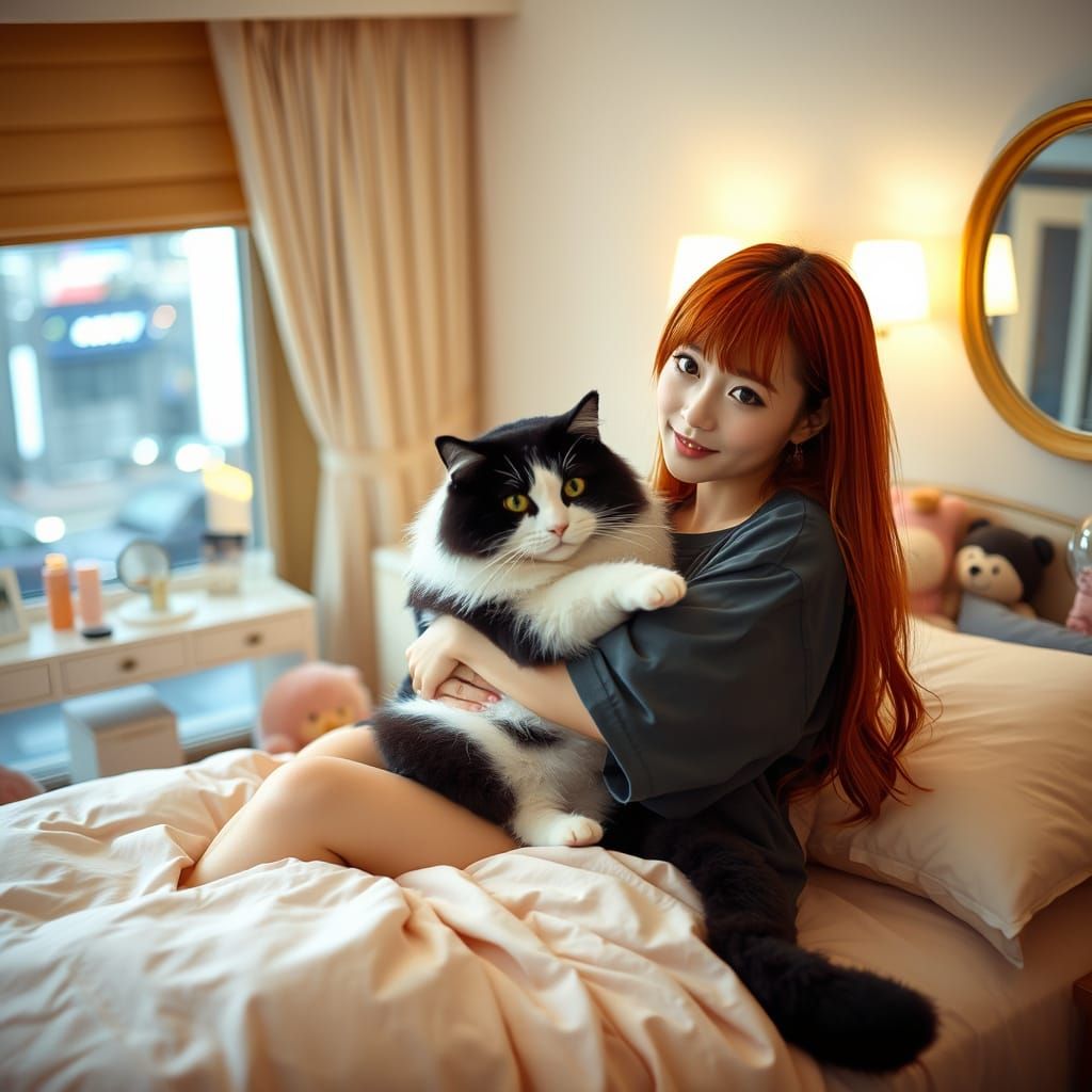 Japanese Woman Hugs Cat in Tokyo, Anime Style