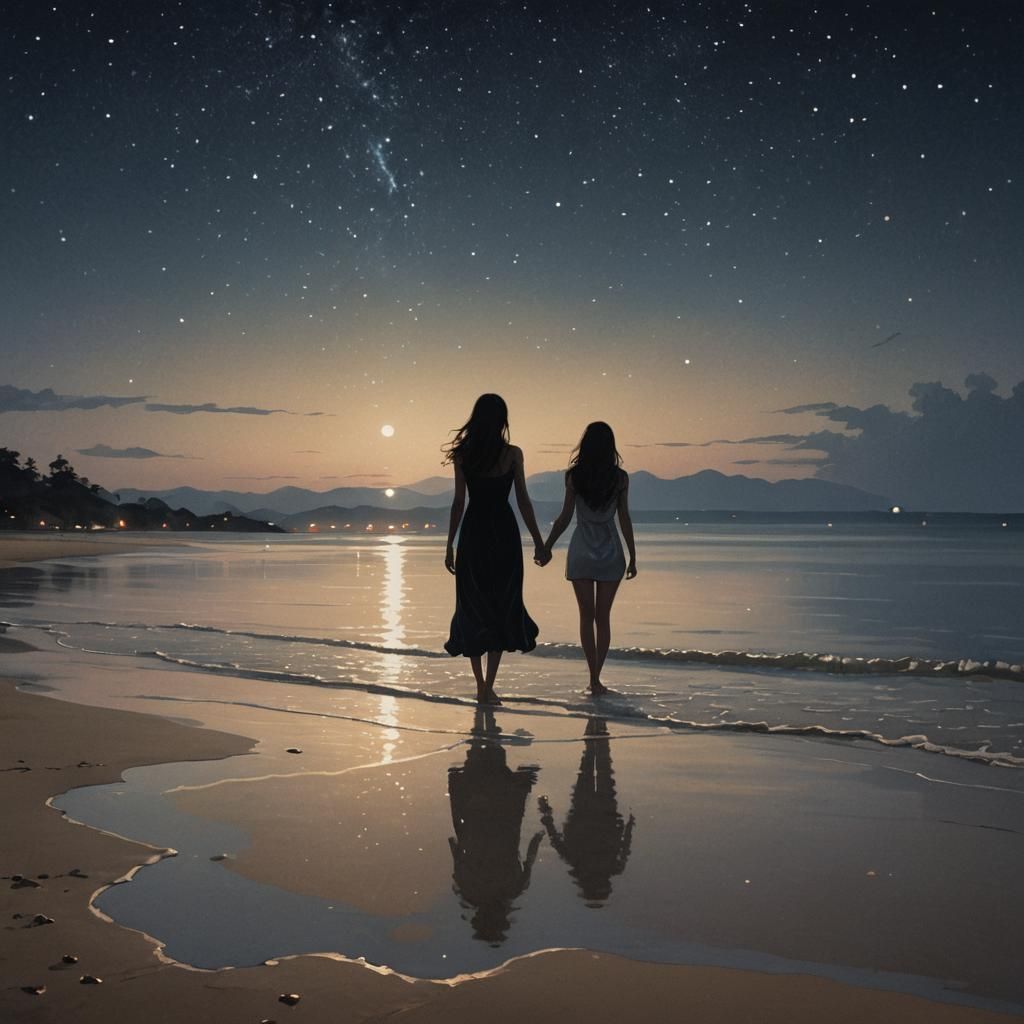 Silhouetted Couple Gazing at Starry Beach in Ethereal Dreams...