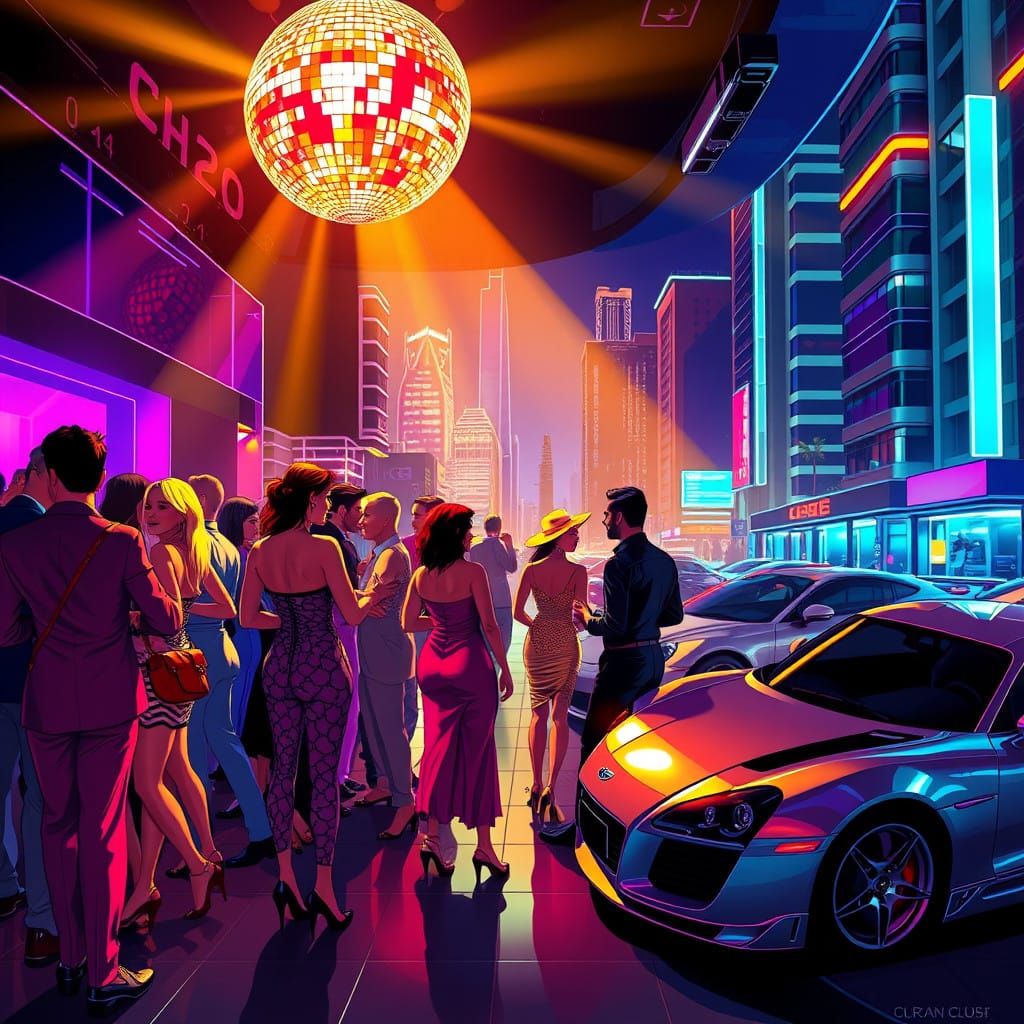 Glamorous Club Patrons Dance Under Futuristic Disco Ball