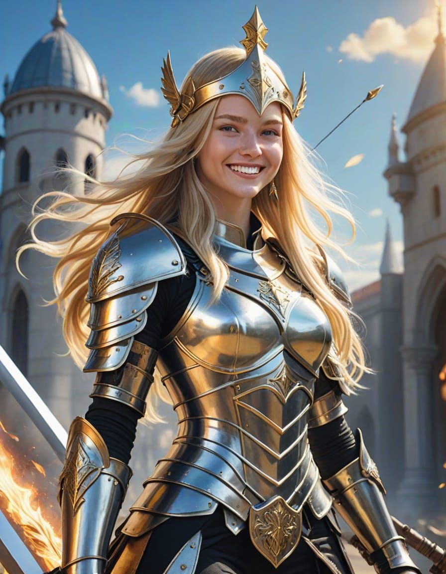 Hyperrealistic Woman in God Armor with Fire Arrows