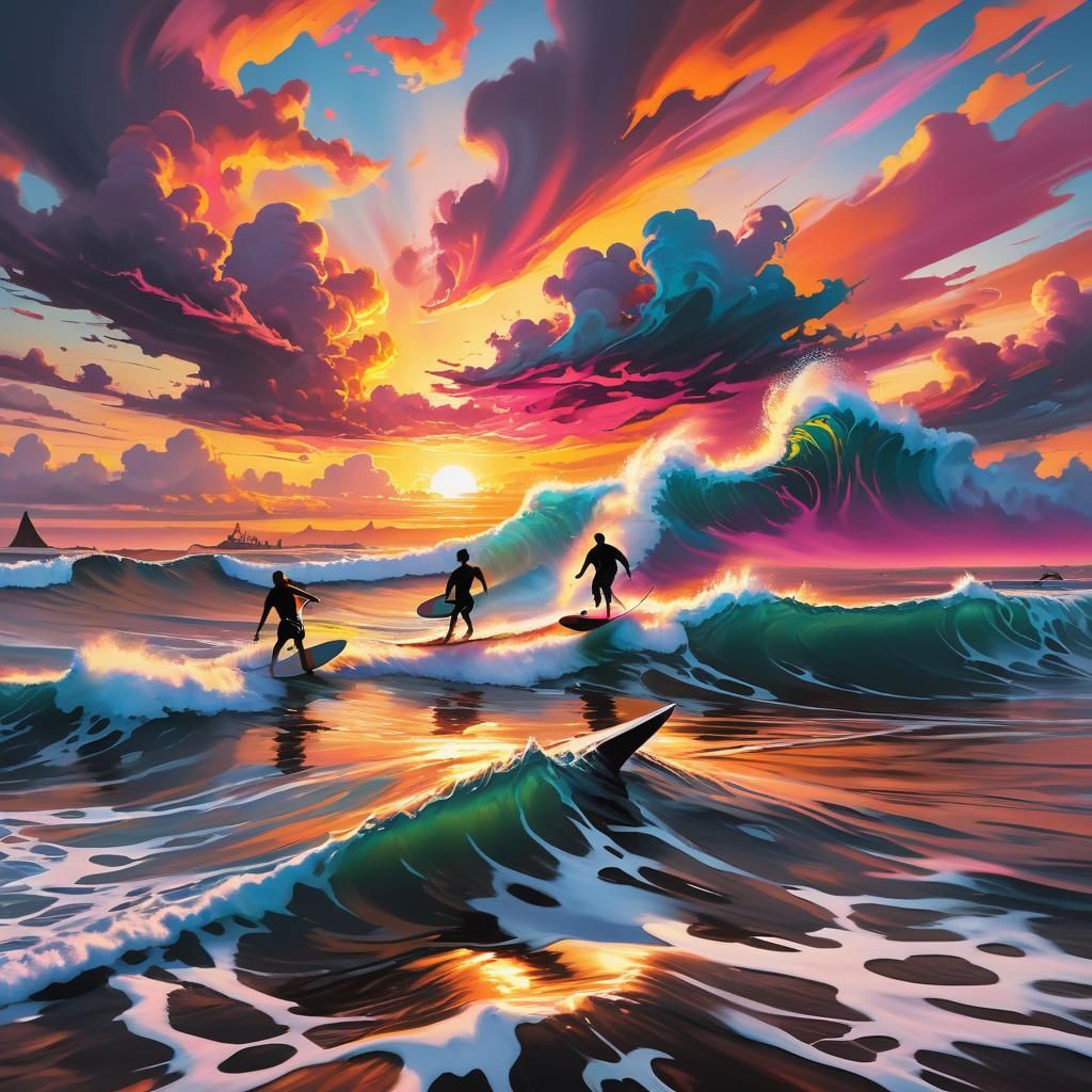 Vibrant Graffiti Art of Surfing Sunset Over Ocean