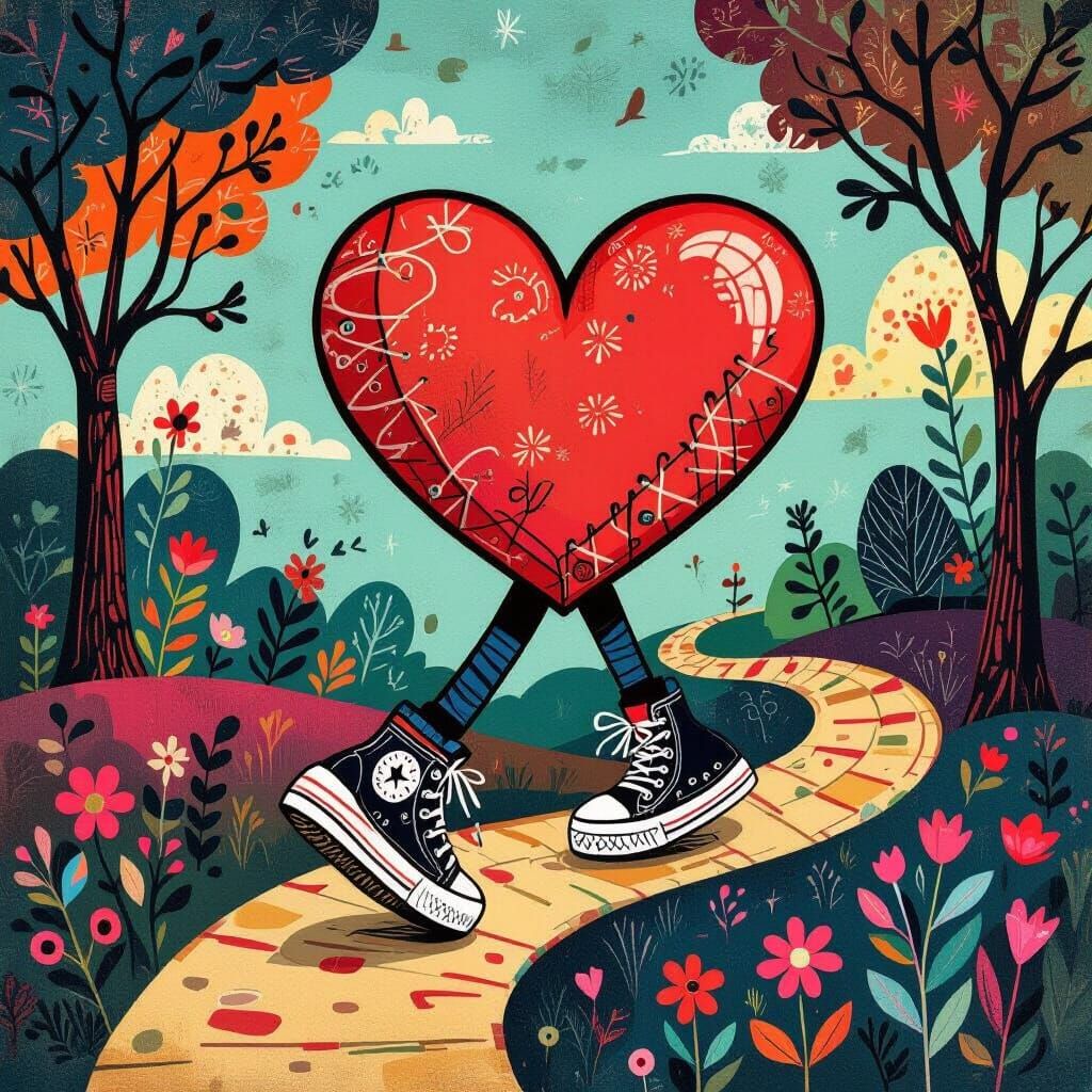Heart with Sneakers Walking on a Winding Path