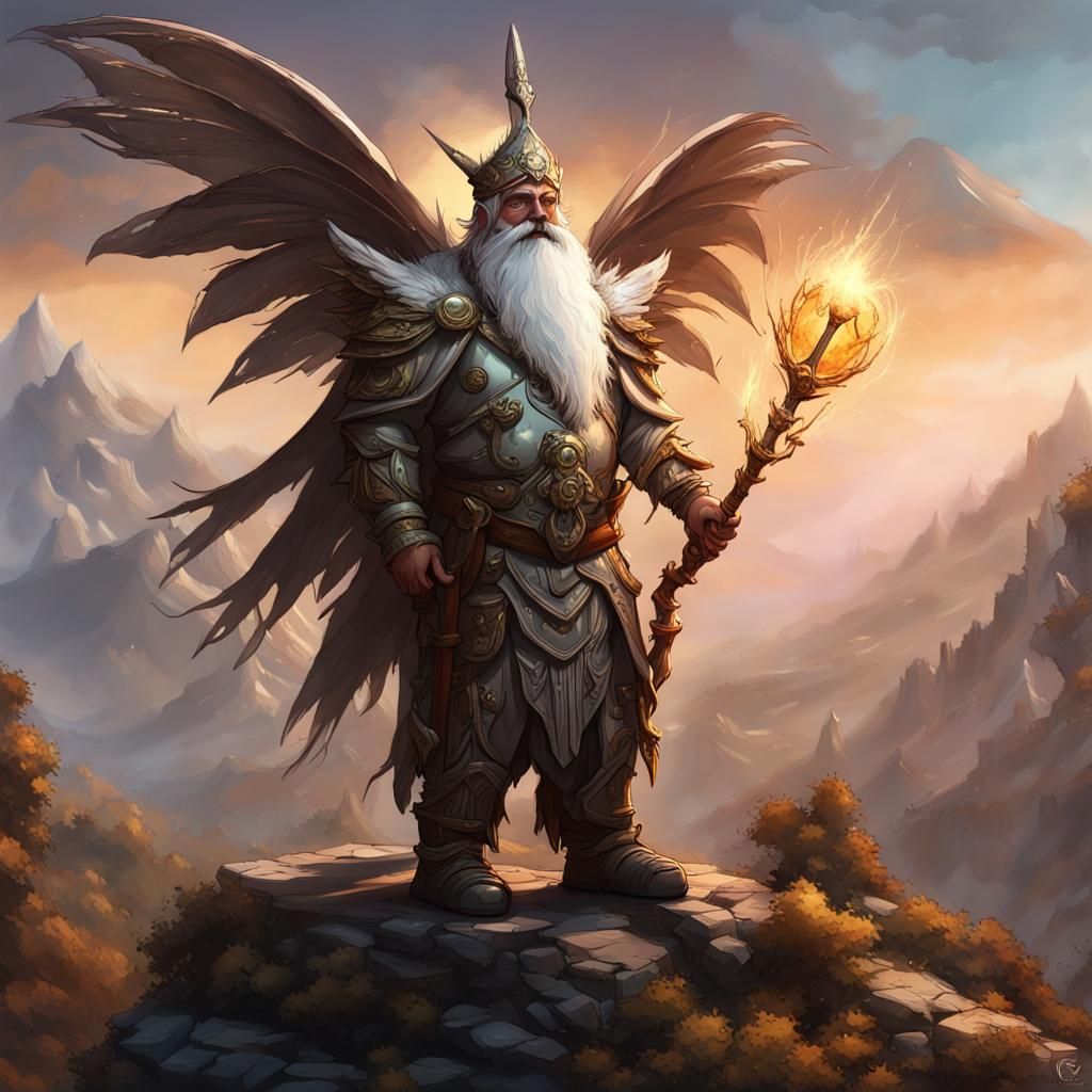 Fantasy Dwarf with Fairy Wings in Ashram Landscape