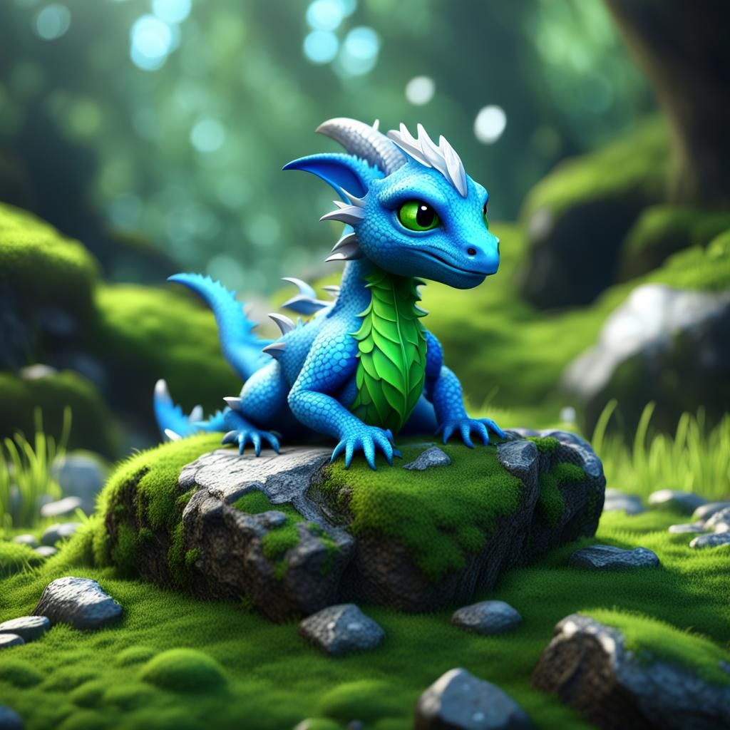 Cute Baby Dragon on Moss Rock in 3D Render