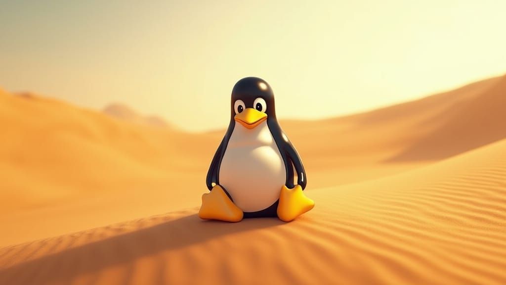 Futuristic Penguin Mascot in Golden Desert Oasis