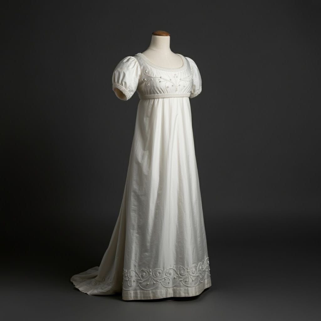 Regency Era Silk Gown on Wooden Dress Form with Pearl Embroi...