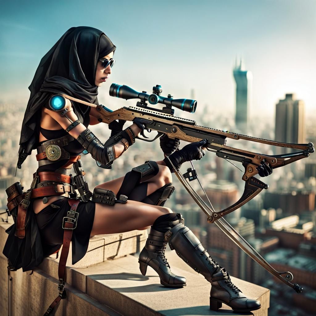 Steampunk Arabian Assassin Sniper in Cyberpunk Cityscape