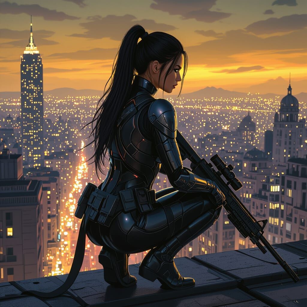 Rooftop Vigil: Woman in High-Tech Armor