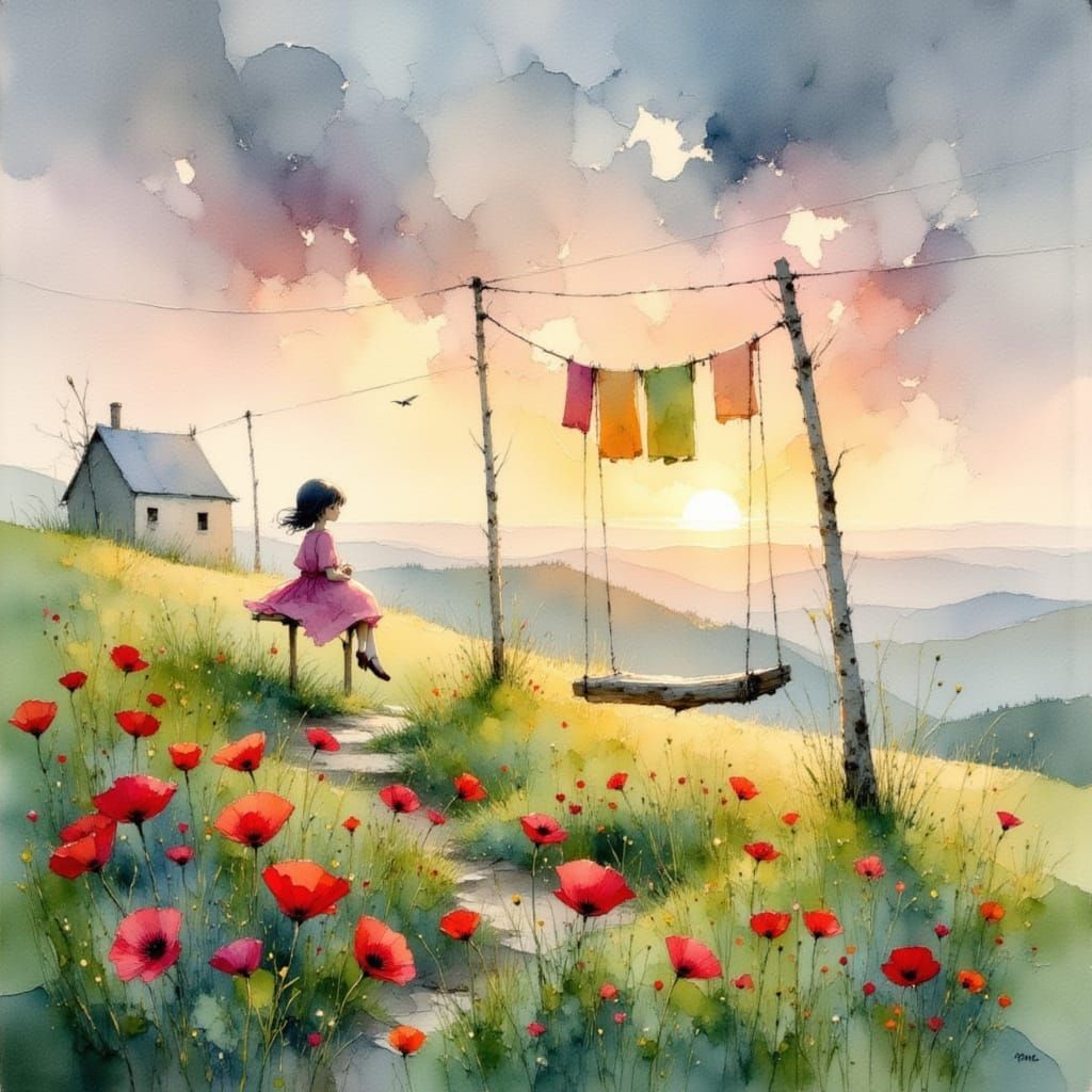 Girl on Swing at Sunset: Watercolor Impression