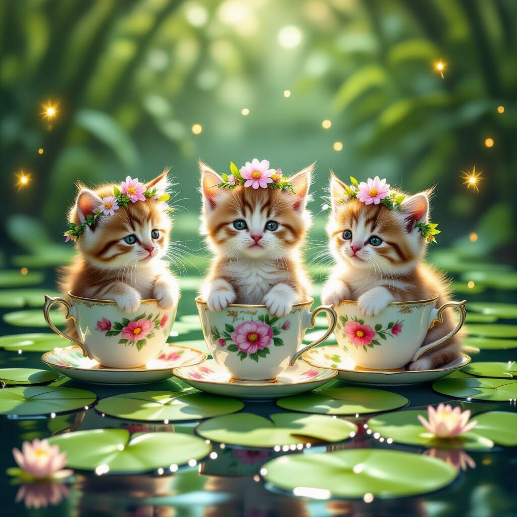 Kittens in Teacups on Lily Pond: Photorealistic Fantasy Art