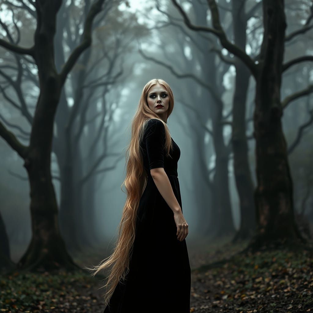 Gothic Woman Walks Alone in a Moonlit Forest