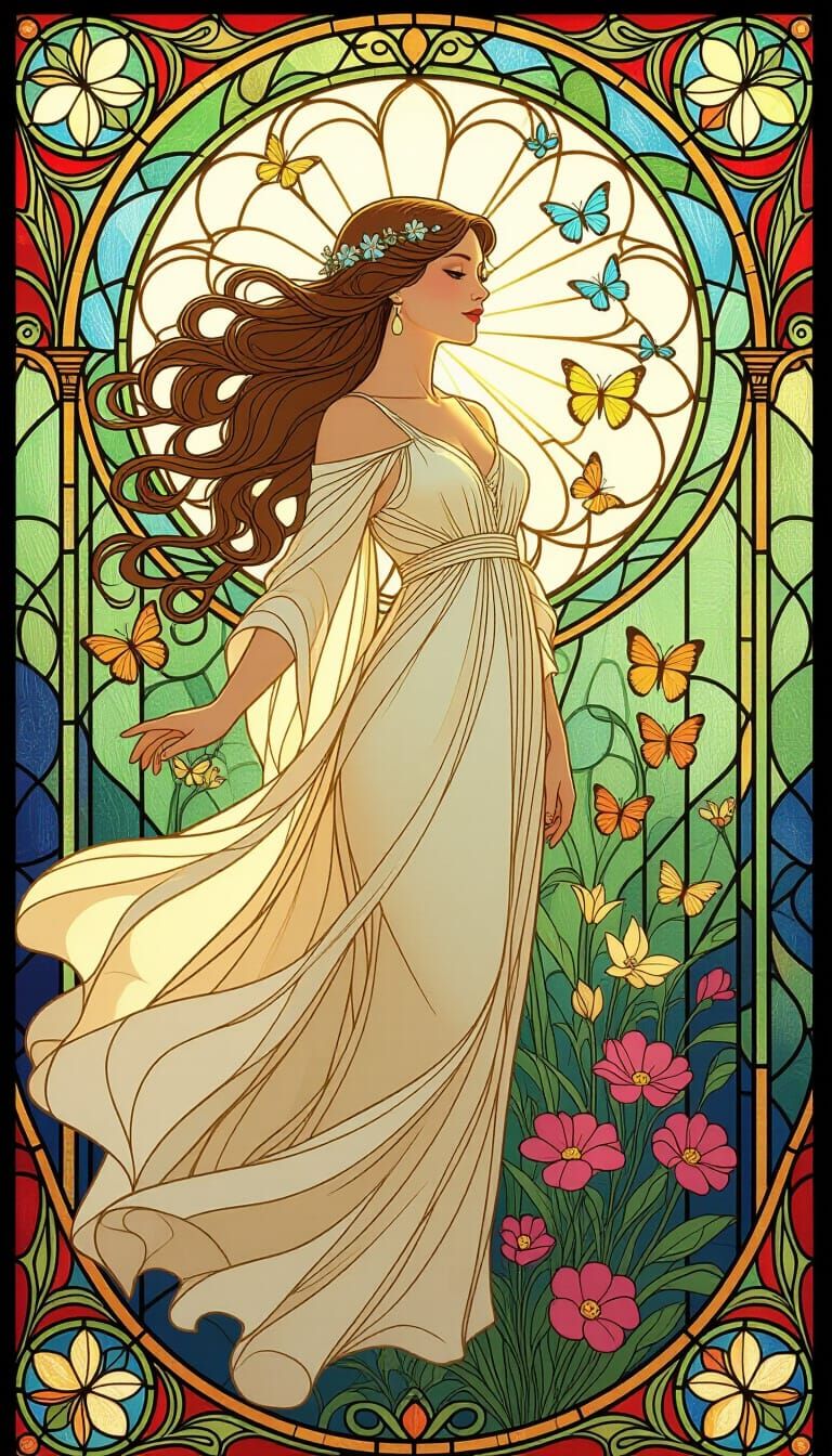 Divine Woman in Stained Glass Mosaic Illustration