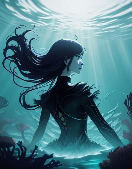 Ethereal Goth Siren Floating Underwater in Manga Style