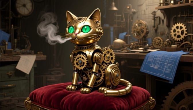 A whimsical automaton cat, crafted from polished brass and i...