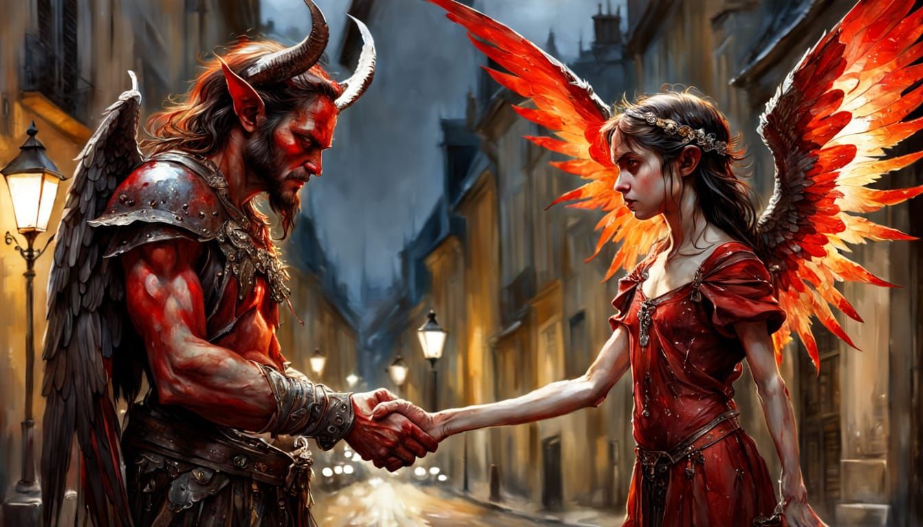 Demon and Angel Handshake in Ancient French Street