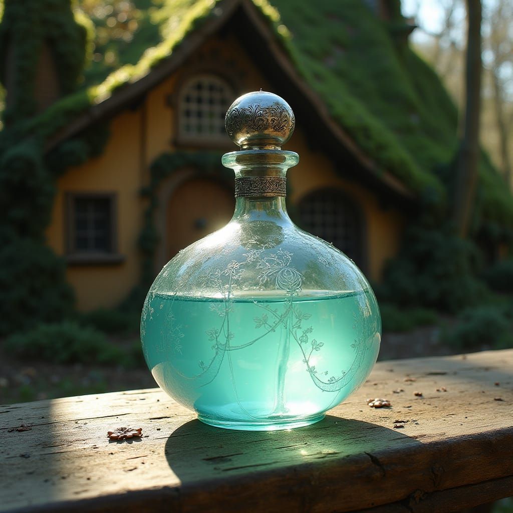 Glowing Potion Bottle in Sunbeam Near Witch's Cottage