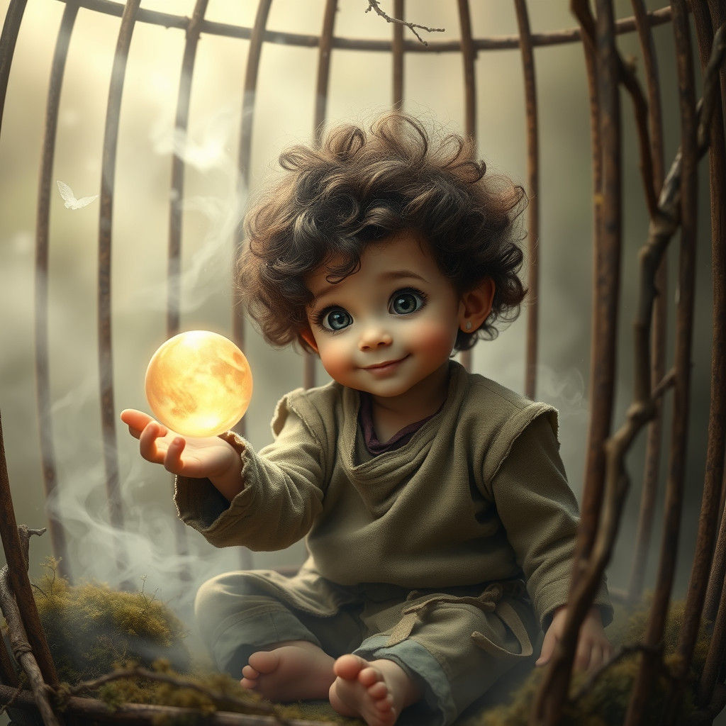Child with Glowing Orb in Dreamlike Setting