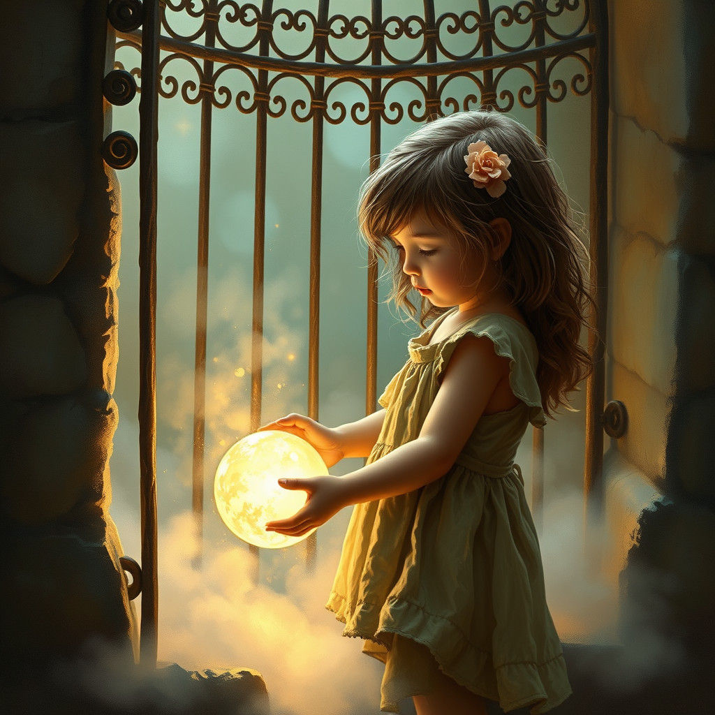 Child with Glowing Orb in Cage, Kinkade Style