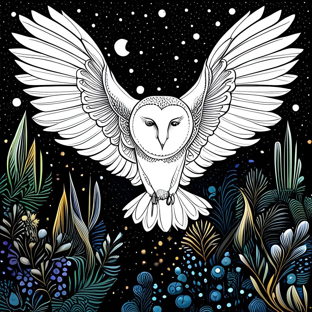Barn Owl in Starry Night, Art Brut Line Art