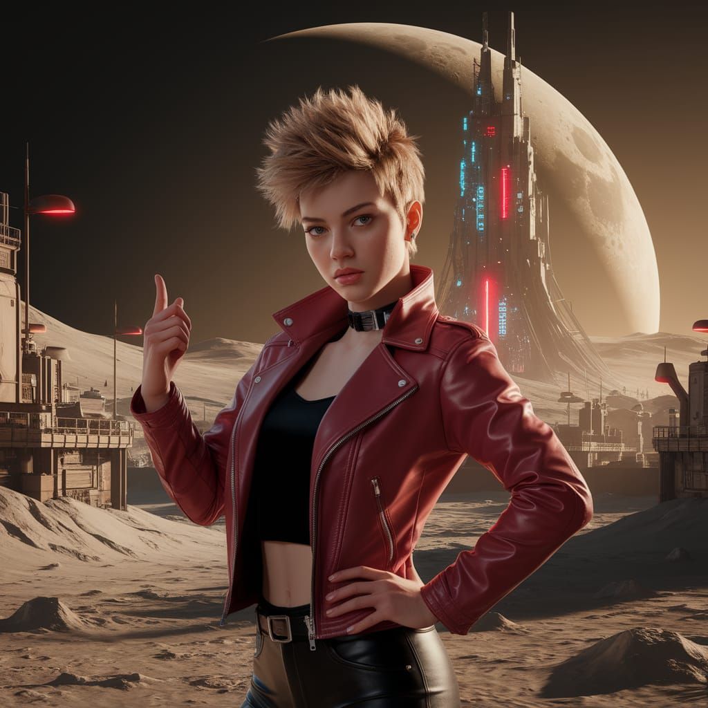 Cyberpunk Woman Poses on Lunar Cityscape